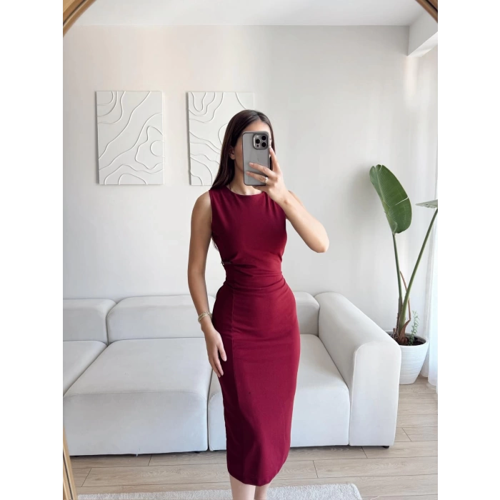 Aksesuar Detay Halter Yaka Elbise - BORDO