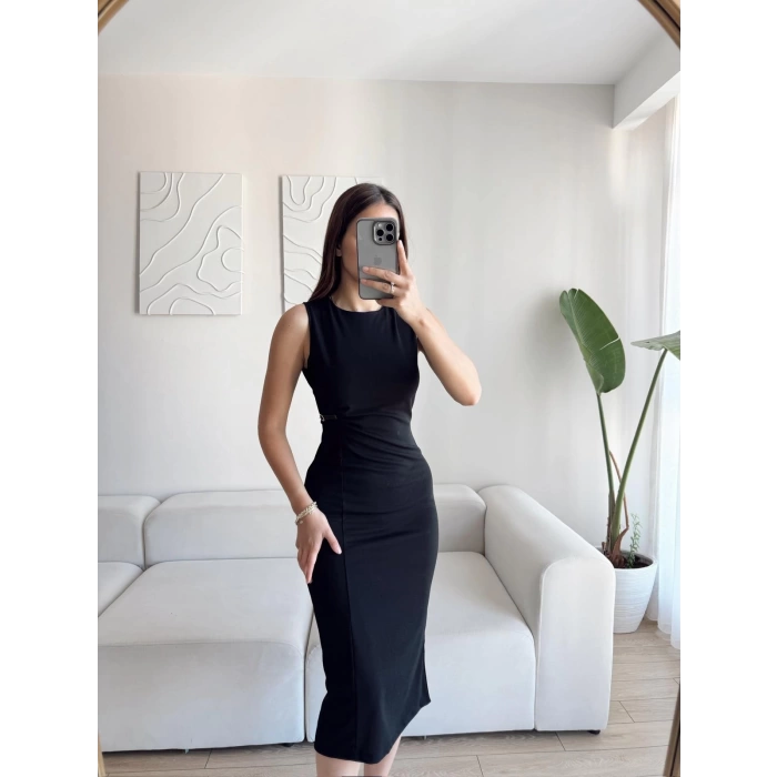 Aksesuar Detay Halter Yaka Elbise - SİYAH
