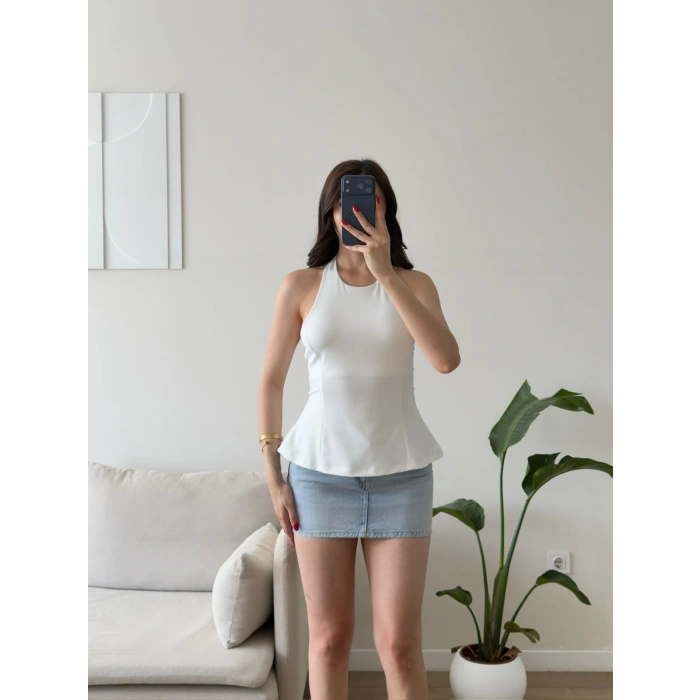 Alessa Sırt Dekolteli Peplum Bluz - BEYAZ