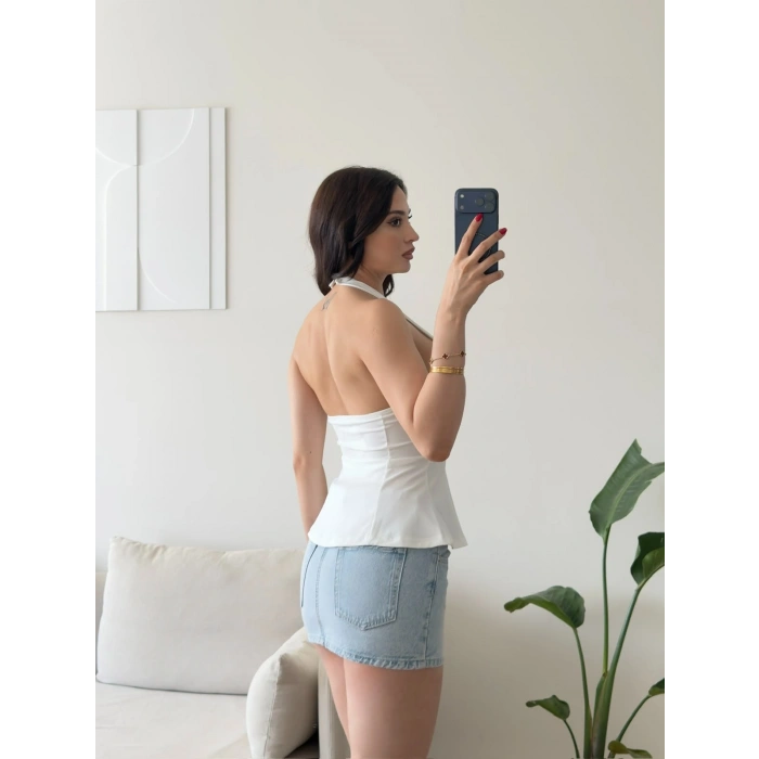 Alessa Sırt Dekolteli Peplum Bluz - BEYAZ