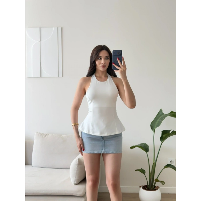 Alessa Sırt Dekolteli Peplum Bluz - BEYAZ