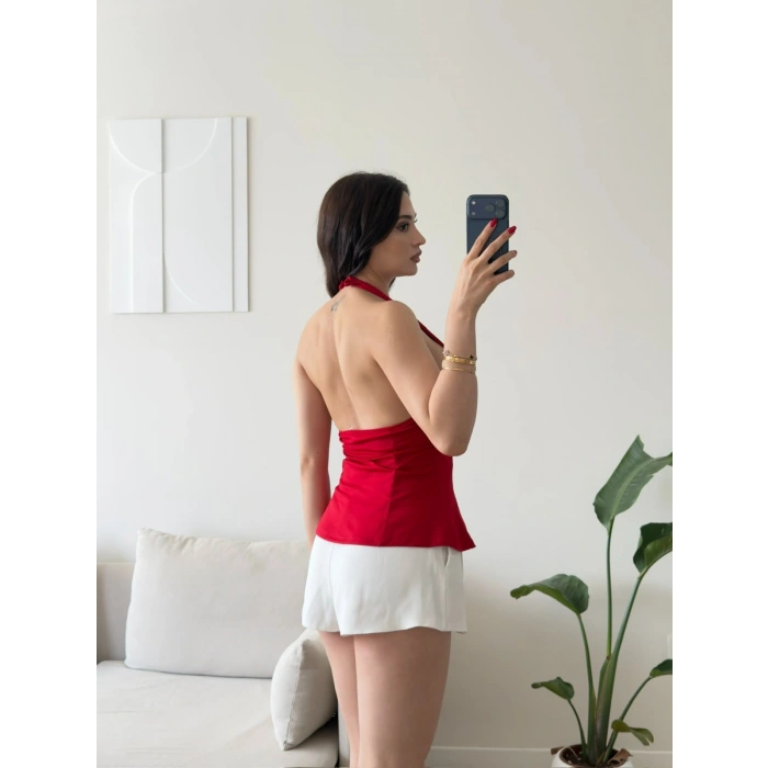 Alessa Sırt Dekolteli Peplum Bluz - KIRMIZI