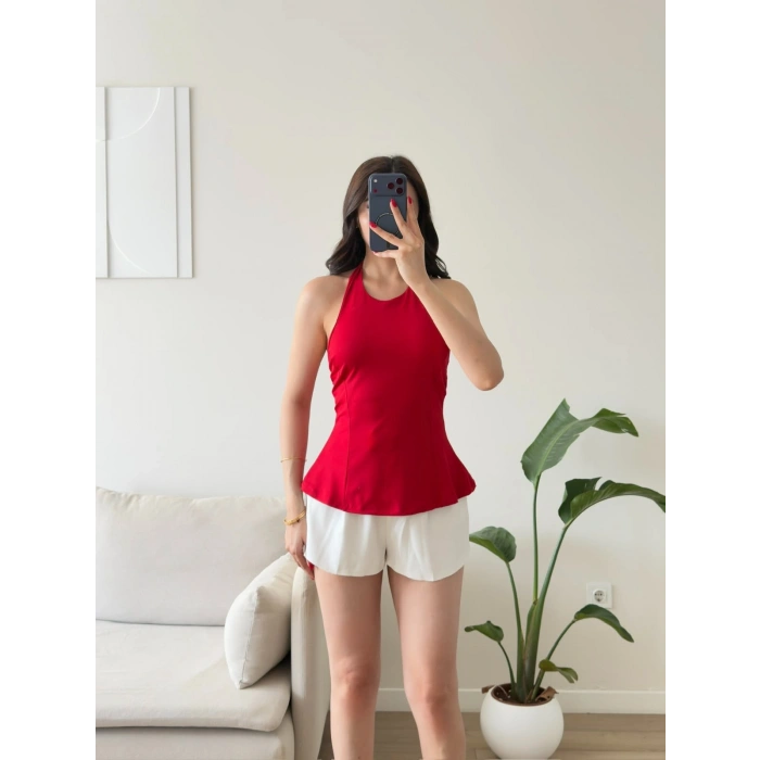 Alessa Sırt Dekolteli Peplum Bluz - KIRMIZI