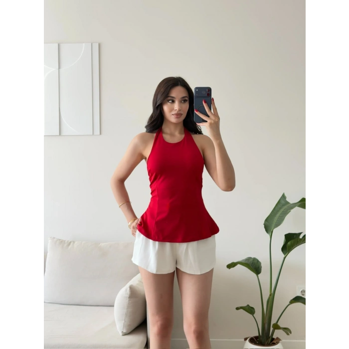 Alessa Sırt Dekolteli Peplum Bluz - KIRMIZI