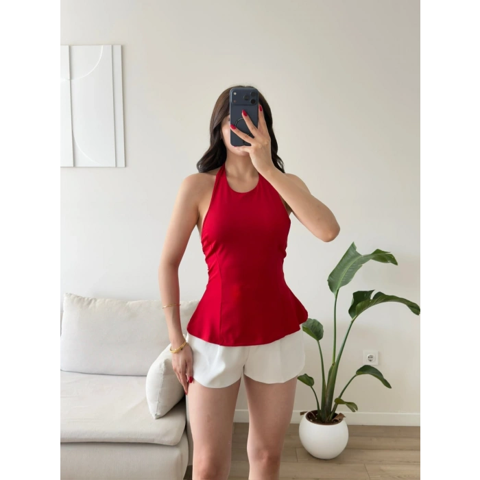 Alessa Sırt Dekolteli Peplum Bluz - KIRMIZI