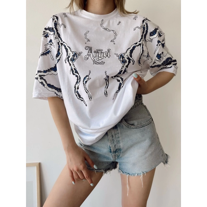 Angel Thunder Oversize Unisex T-shirt-BEYAZ
