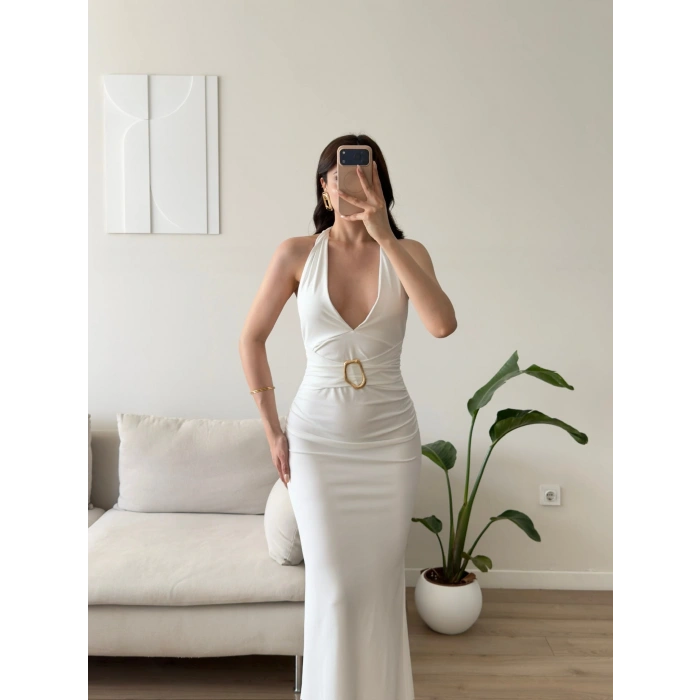 Arina Halter Aksesuar Elbise - BEYAZ