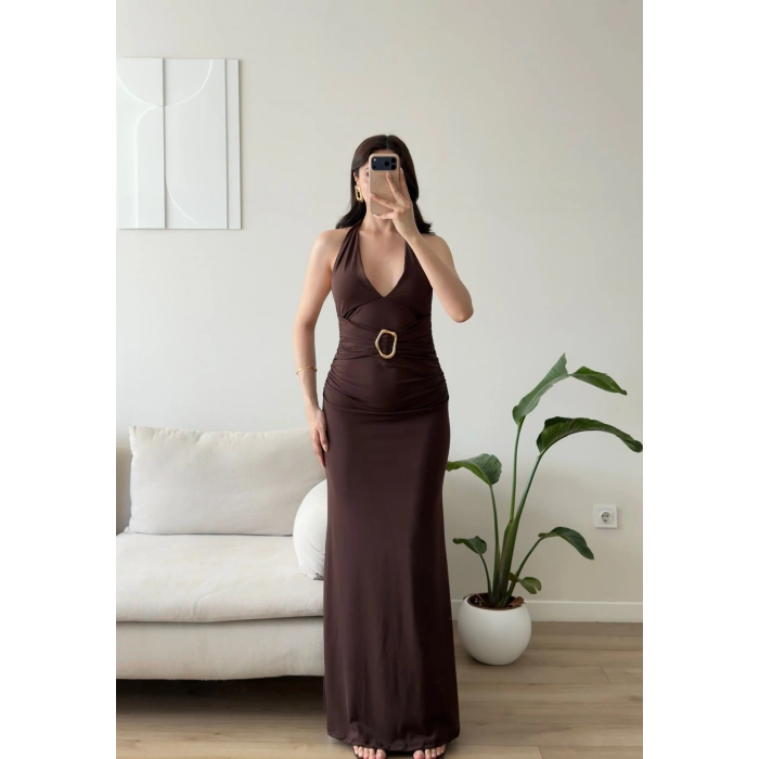 Arina Halter Aksesuar Elbise - KAHVE