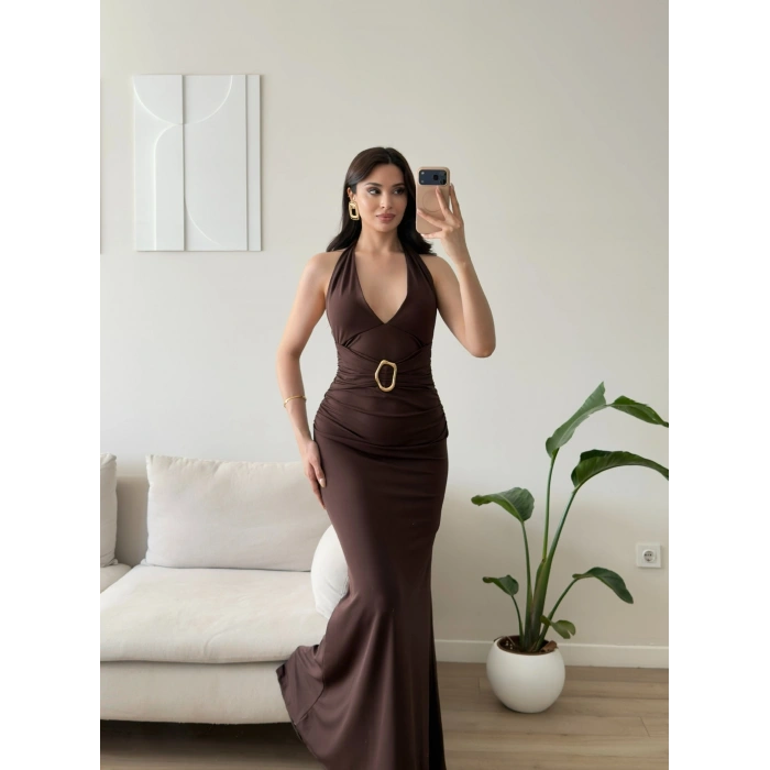 Arina Halter Aksesuar Elbise - KAHVE