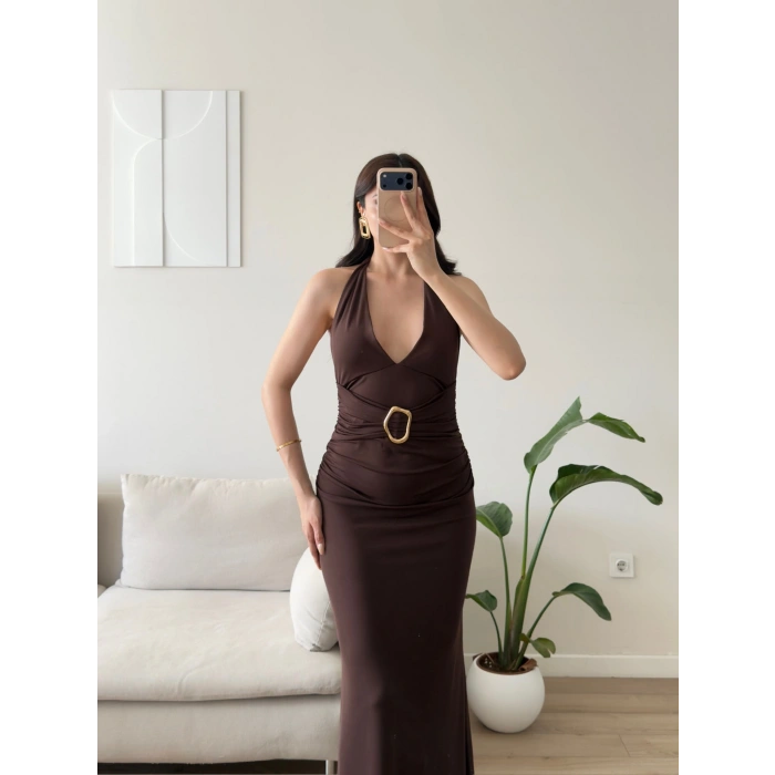 Arina Halter Aksesuar Elbise - KAHVE