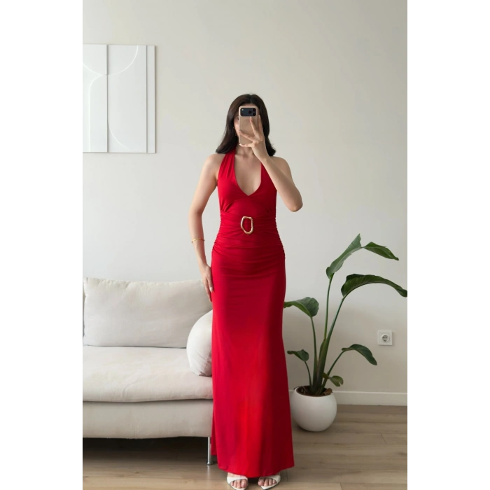 Arina Halter Aksesuar Elbise - KIRMIZI