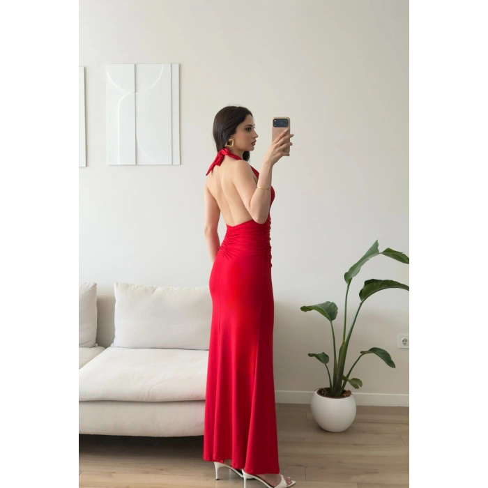Arina Halter Aksesuar Elbise - KIRMIZI