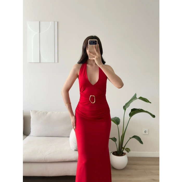 Arina Halter Aksesuar Elbise - KIRMIZI