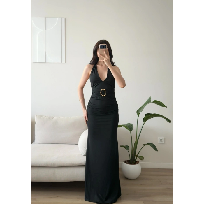 Arina Halter Aksesuar Elbise - SİYAH