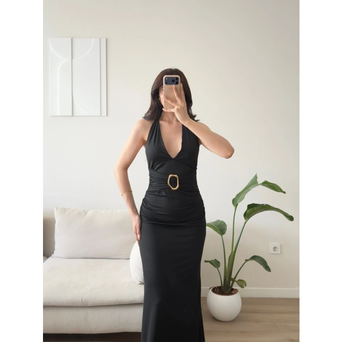 Arina Halter Aksesuar Elbise - SİYAH