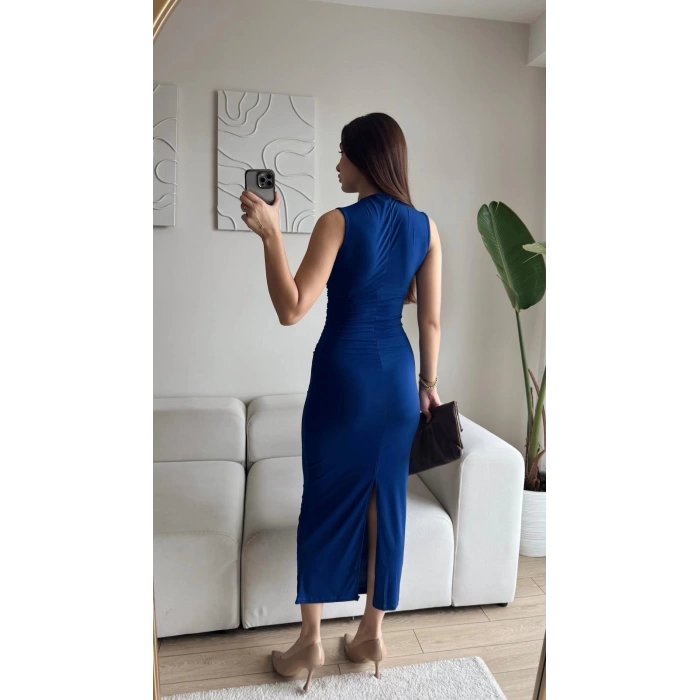 Arka Yırtmaç Drapeli Elbise - SAKS MAVİSİ