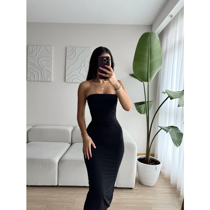 Arkası Yırtmaçlı Straplez Uzun Elbise-SİYAH