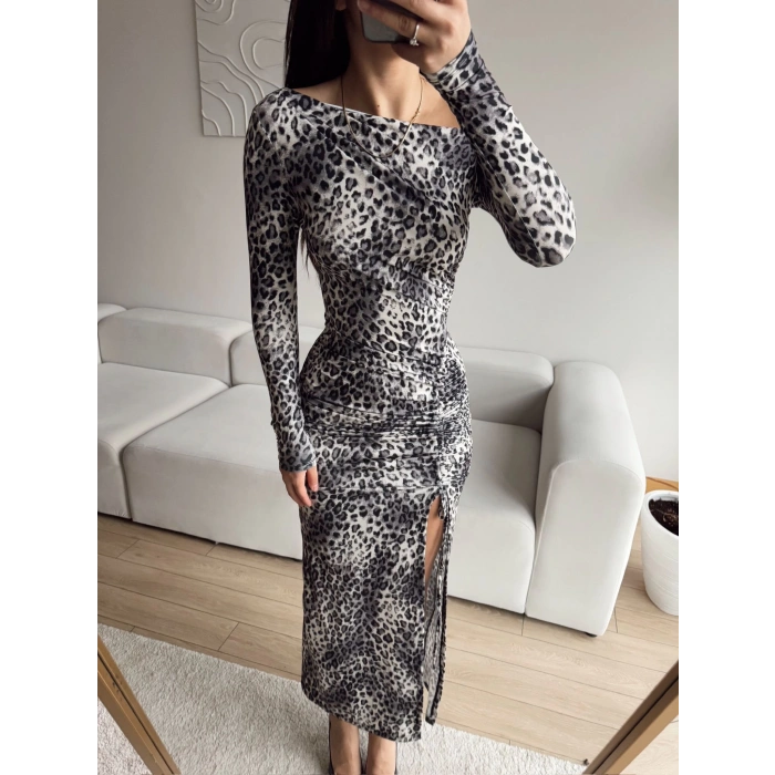 Asansör Yırtmaçlı Büzgülü Elbise - LEOPAR