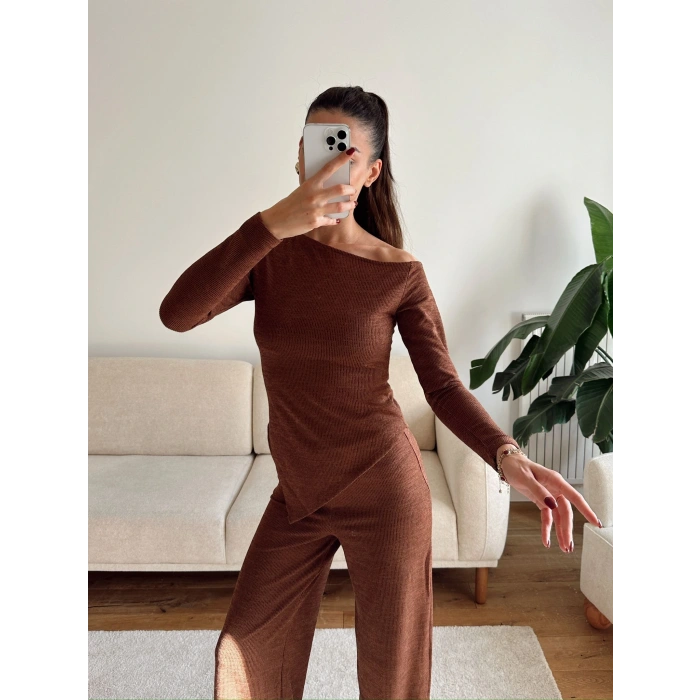 Asimetrik Bluz & Pantolon Takım - KAHVE