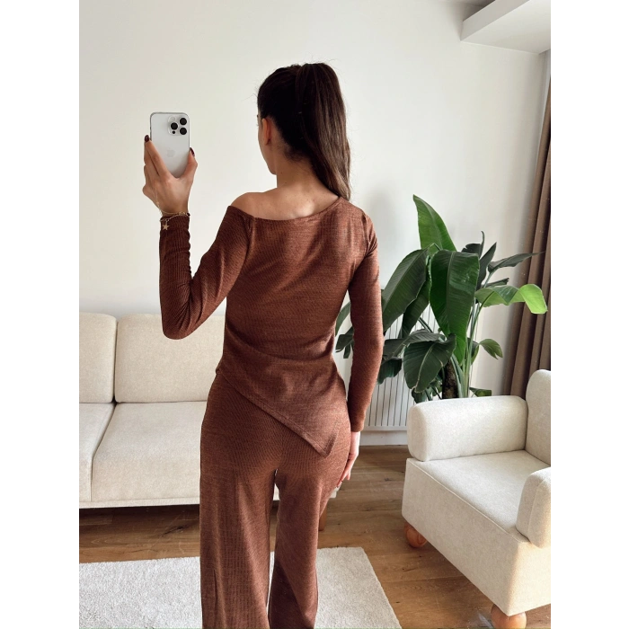 Asimetrik Bluz & Pantolon Takım - KAHVE