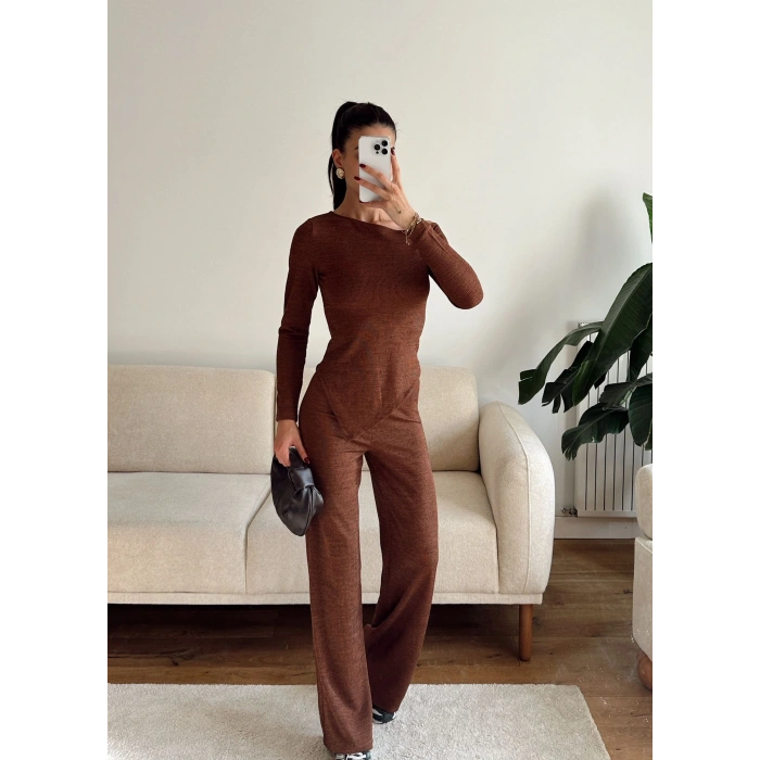 Asimetrik Bluz & Pantolon Takım - KAHVE