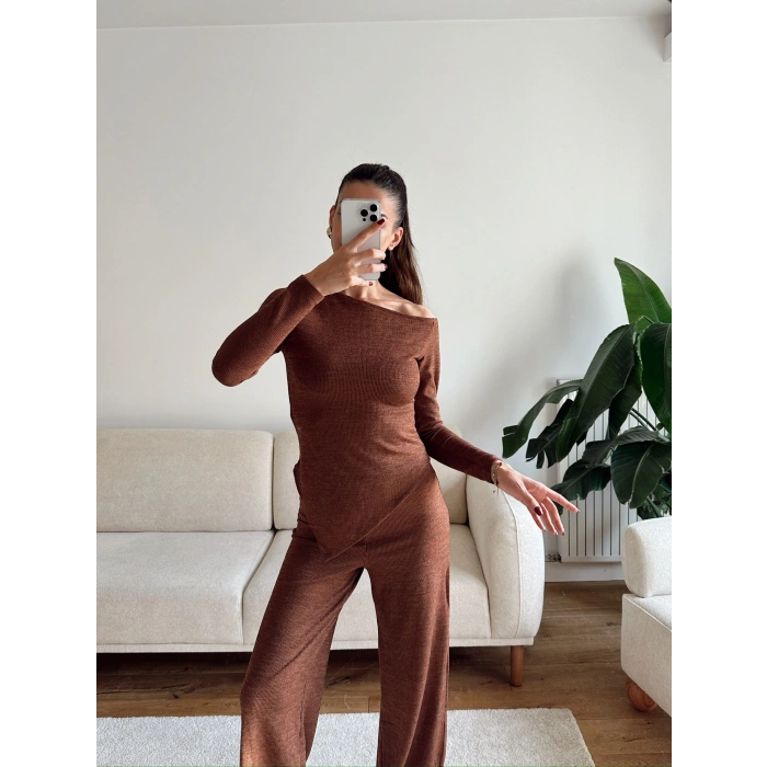 Asimetrik Bluz & Pantolon Takım - KAHVE