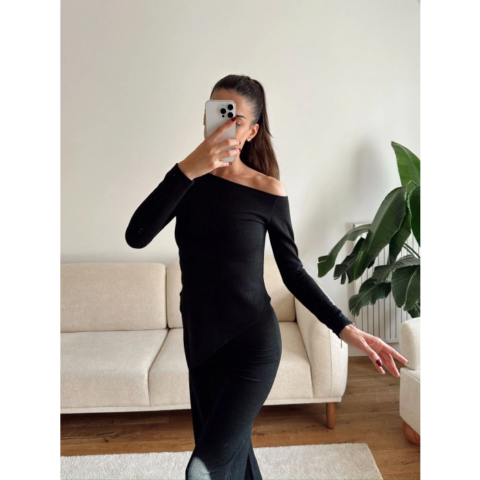 Asimetrik Bluz & Pantolon Takım - SİYAH