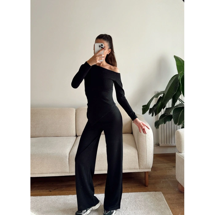 Asimetrik Bluz & Pantolon Takım - SİYAH