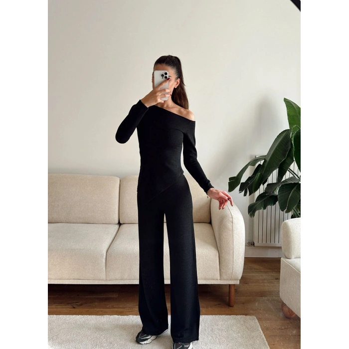 Asimetrik Bluz & Pantolon Takım - SİYAH