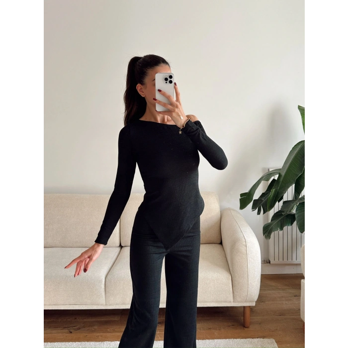 Asimetrik Bluz & Pantolon Takım - SİYAH