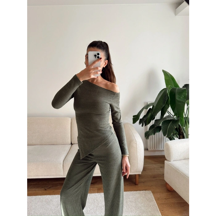 Asimetrik Bluz & Pantolon Takım - YEŞİL