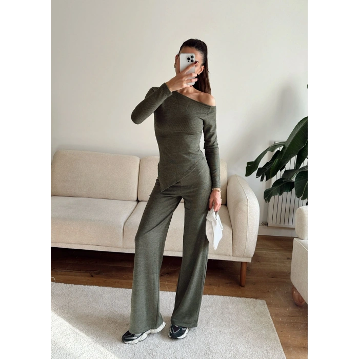 Asimetrik Bluz & Pantolon Takım - YEŞİL