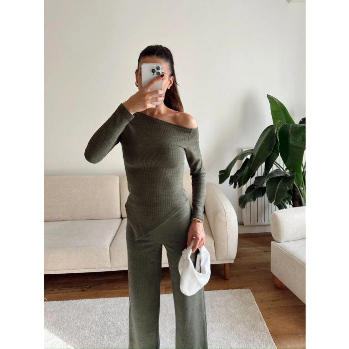 Asimetrik Bluz & Pantolon Takım - YEŞİL