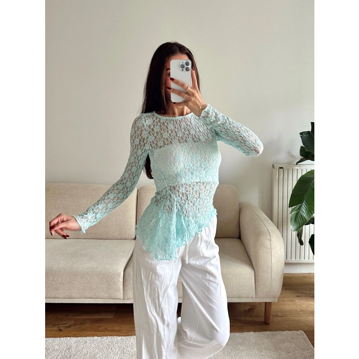 Asimetrik Dantel Bluz - MAVİ