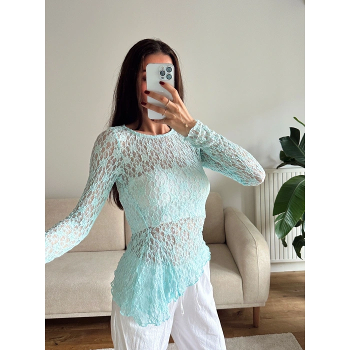Asimetrik Dantel Bluz - MAVİ