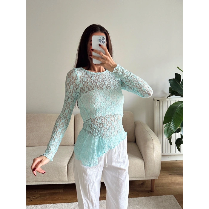Asimetrik Dantel Bluz - MAVİ