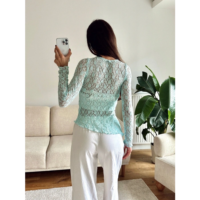 Asimetrik Dantel Bluz - MAVİ