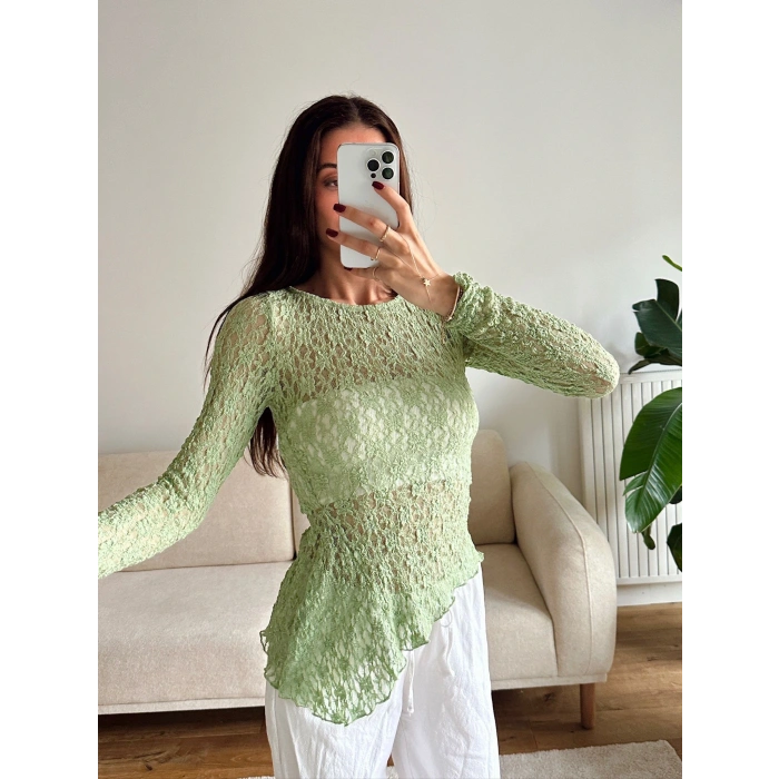 Asimetrik Dantel Bluz - YEŞİL