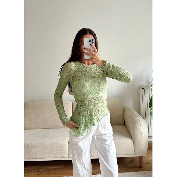 Asimetrik Dantel Bluz - YEŞİL