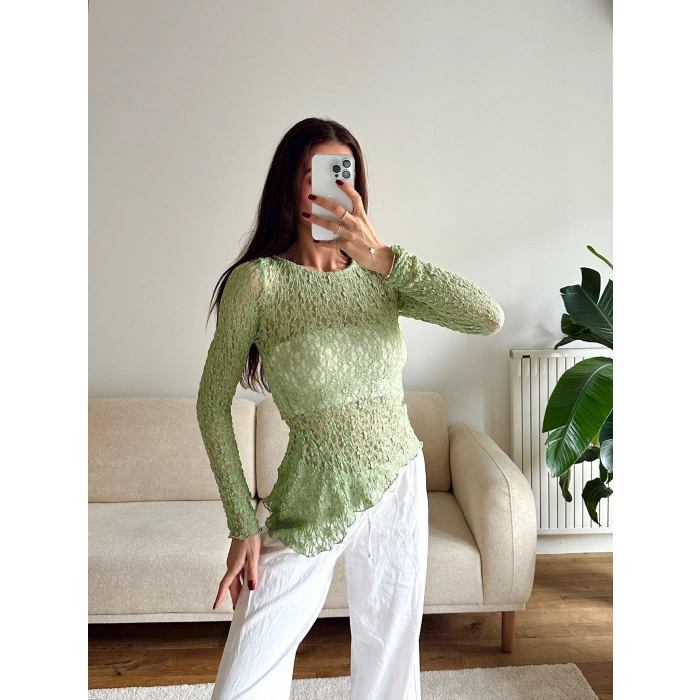 Asimetrik Dantel Bluz - YEŞİL