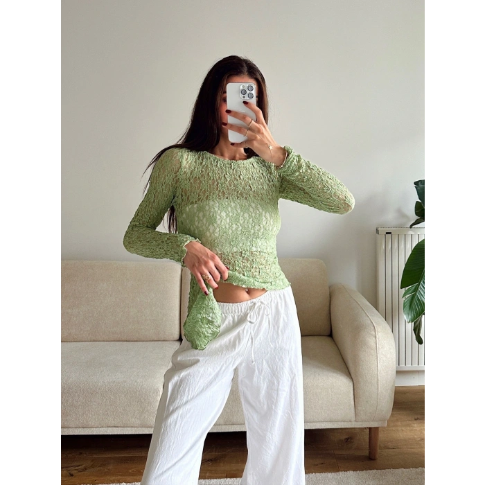 Asimetrik Dantel Bluz - YEŞİL
