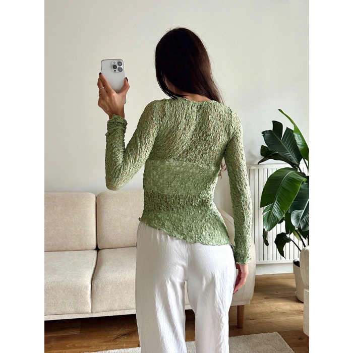 Asimetrik Dantel Bluz - YEŞİL