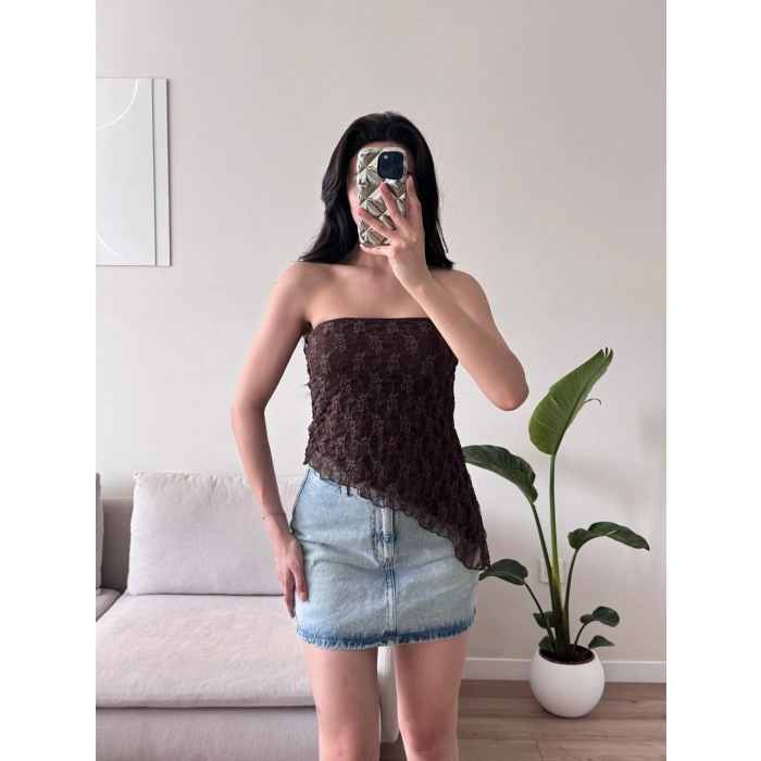 Asimetrik Dantel Crop - KAHVE