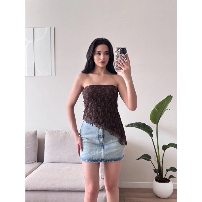 Asimetrik Dantel Crop - KAHVE