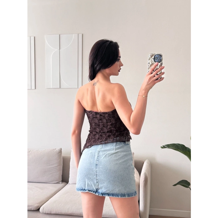 Asimetrik Dantel Crop - KAHVE