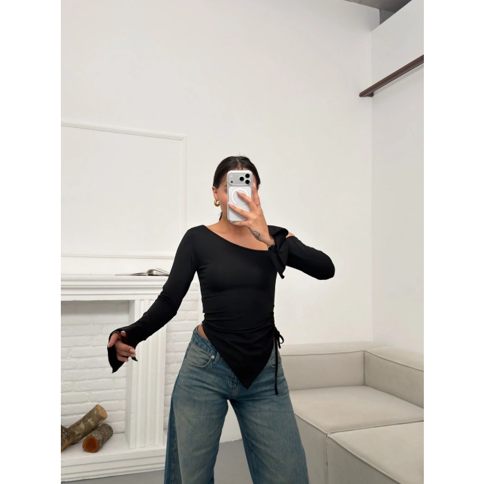 Asimetrik Omuz Dekolte Crop - SİYAH