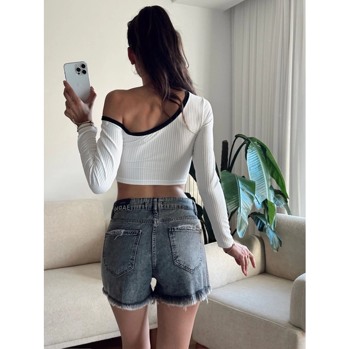 Asimetrik Tek Omuz Biyeli Crop - BEYAZ