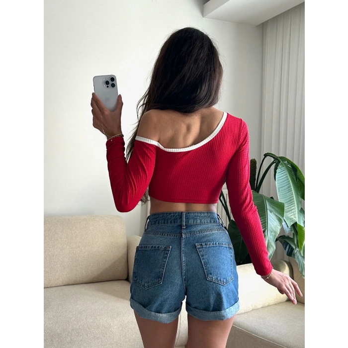 Asimetrik Tek Omuz Biyeli Crop - KIRMIZI