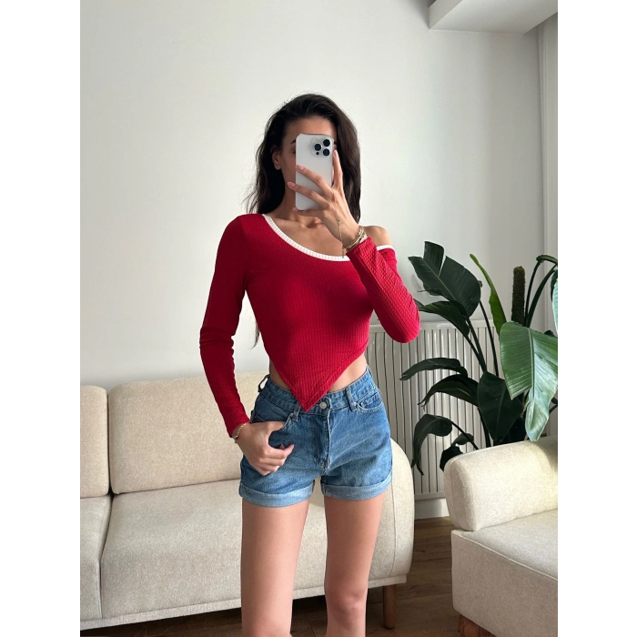 Asimetrik Tek Omuz Biyeli Crop - KIRMIZI