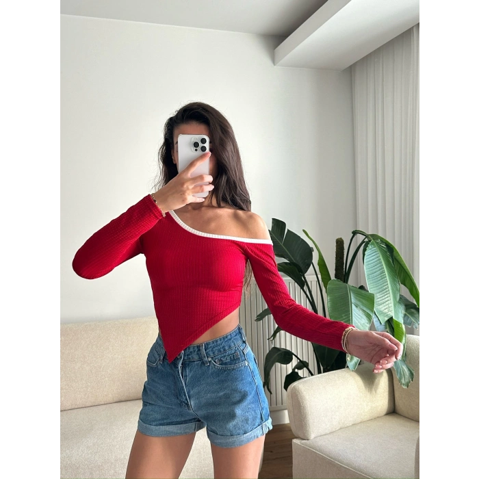 Asimetrik Tek Omuz Biyeli Crop - KIRMIZI